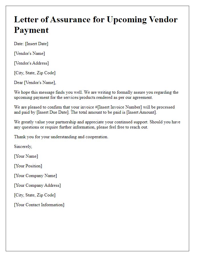 Letter template of assurance for upcoming vendor payment