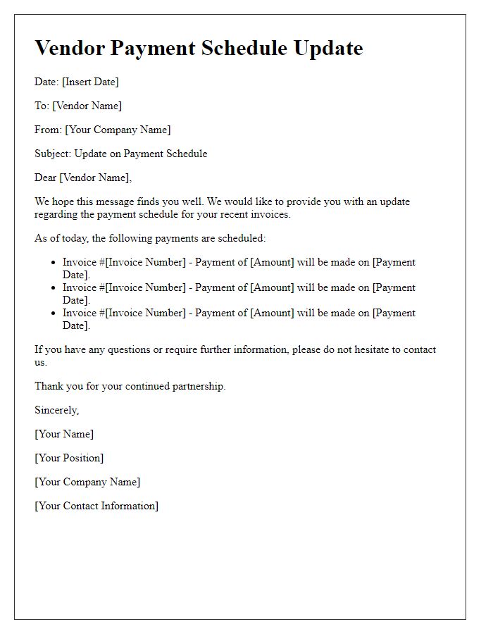 Letter template of update on vendor payment schedule