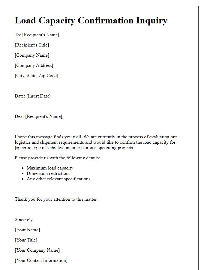 Letter template of load capacity confirmation inquiry