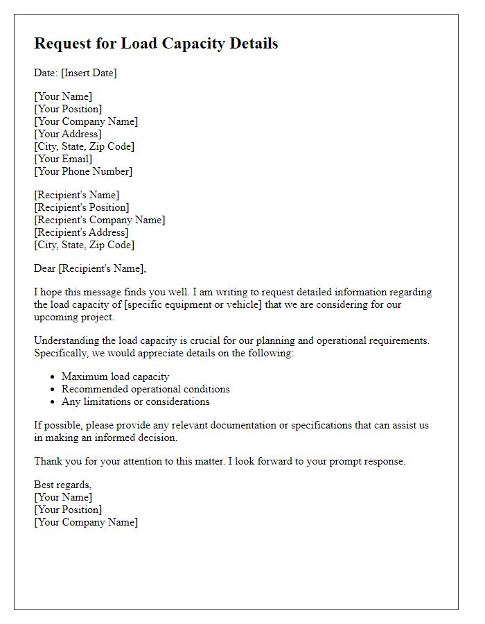 Letter template of load capacity details request