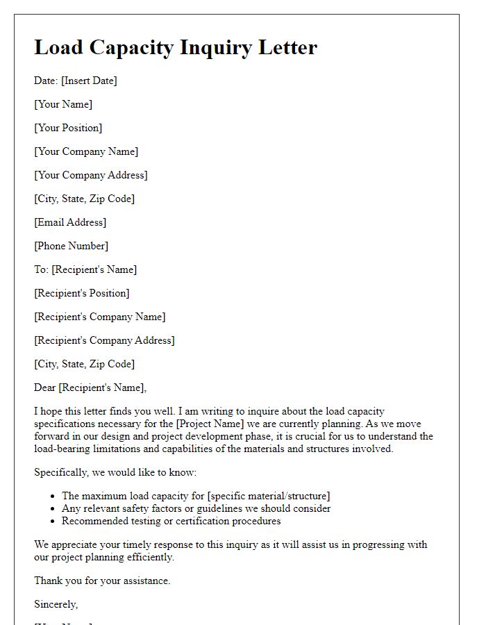 Letter template of load capacity inquiry for project planning