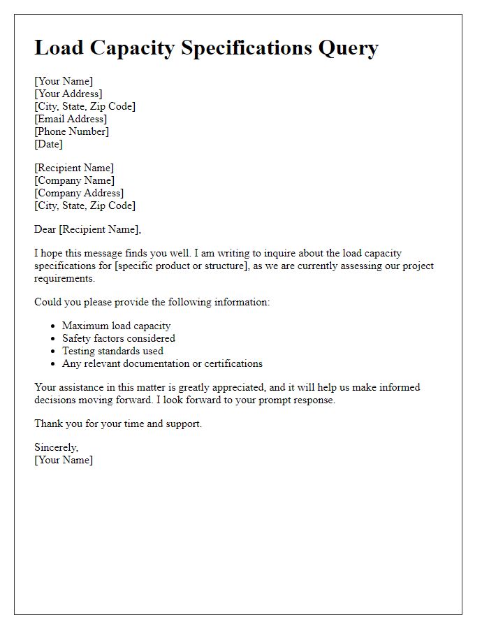 Letter template of load capacity specifications query