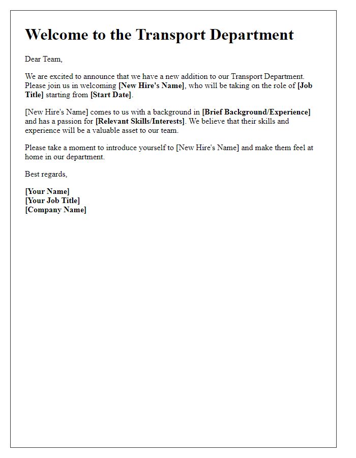 Letter template of new hire introduction for transport department.