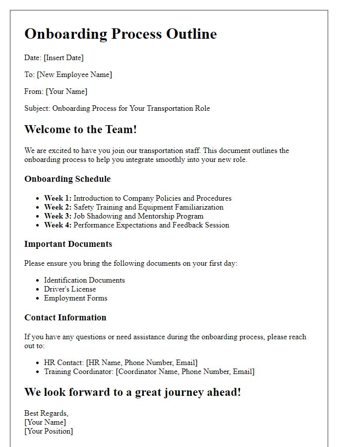 Letter template of onboarding process outline for transportation staff.