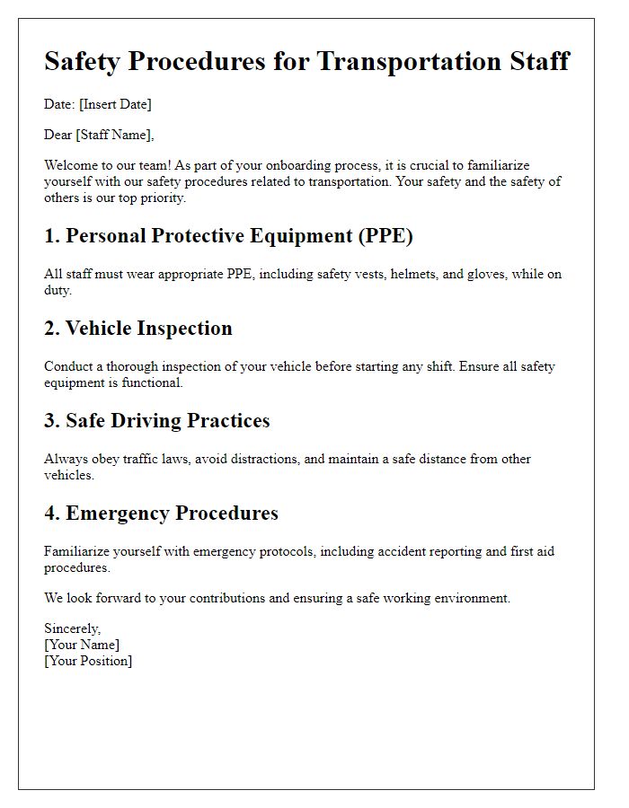 Letter template of safety procedures for transportation staff onboarding.