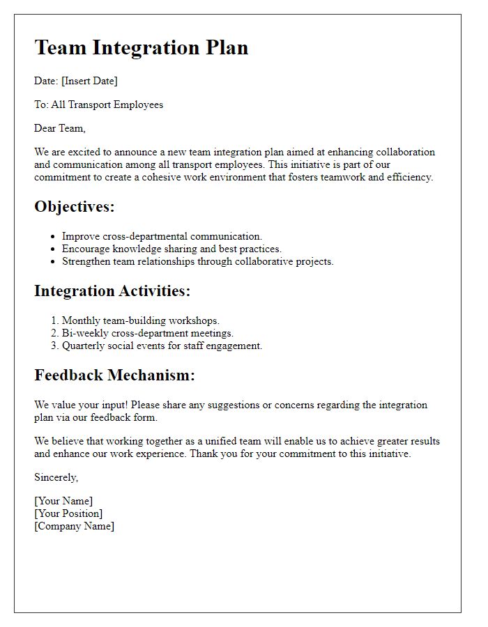 Letter template of team integration plan for transport employees.