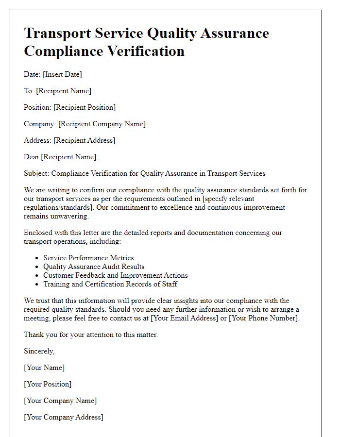 Letter template of transport service quality assurance for compliance verification