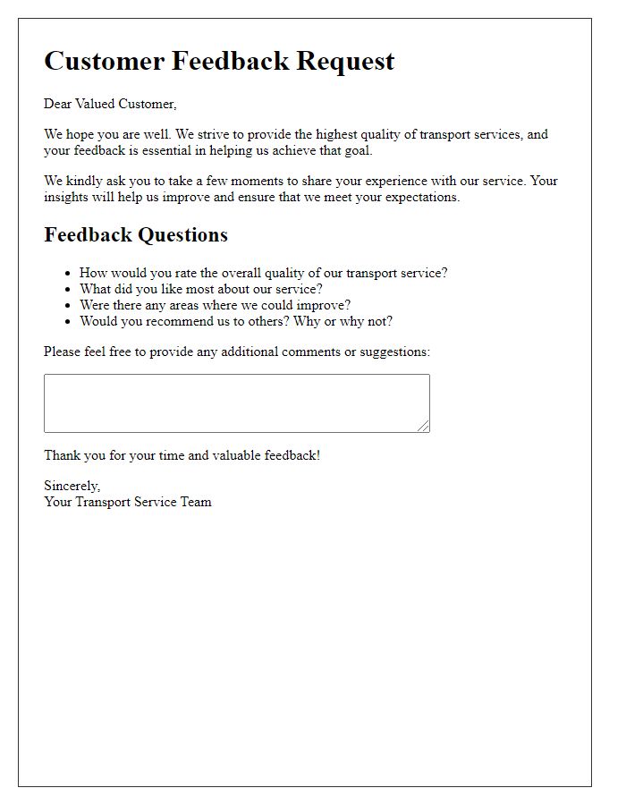 Letter template of transport service quality assurance for customer feedback collection