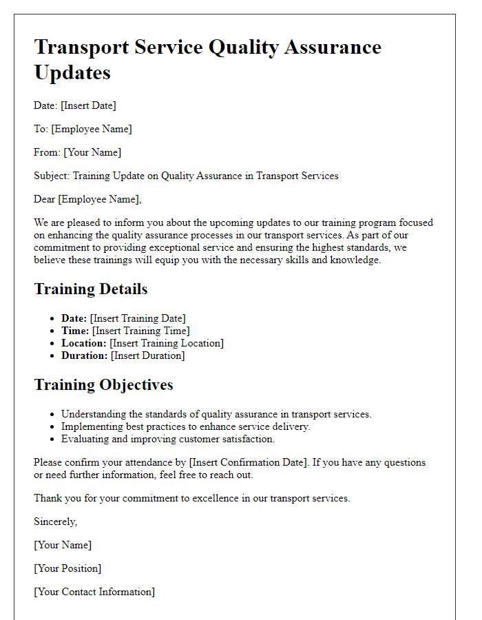 Letter template of transport service quality assurance for employee training updates