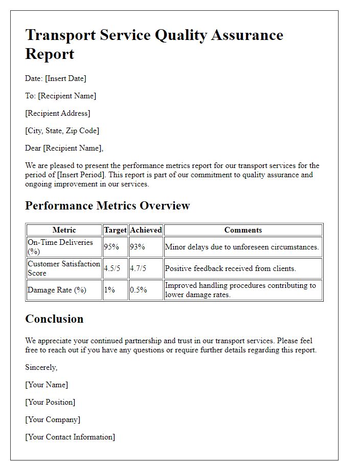 Letter template of transport service quality assurance for performance metrics reporting