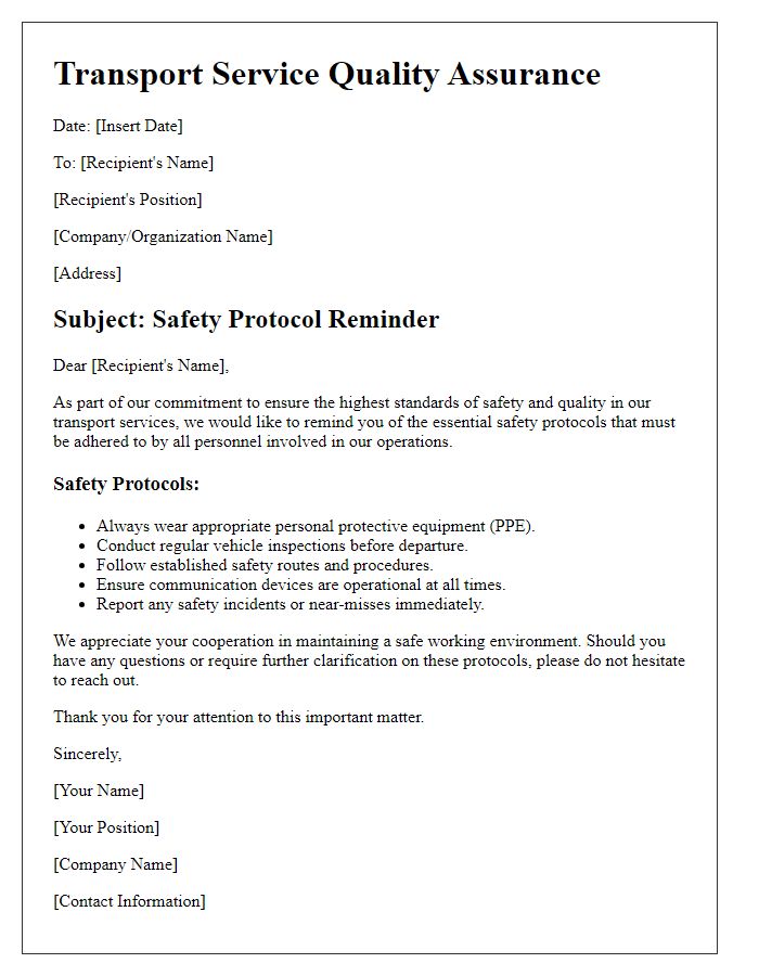 Letter template of transport service quality assurance for safety protocol reminders