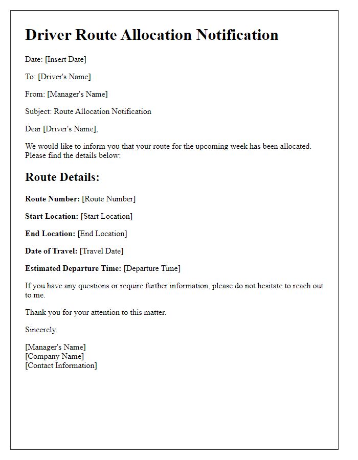 Letter template of driver route allocation notification