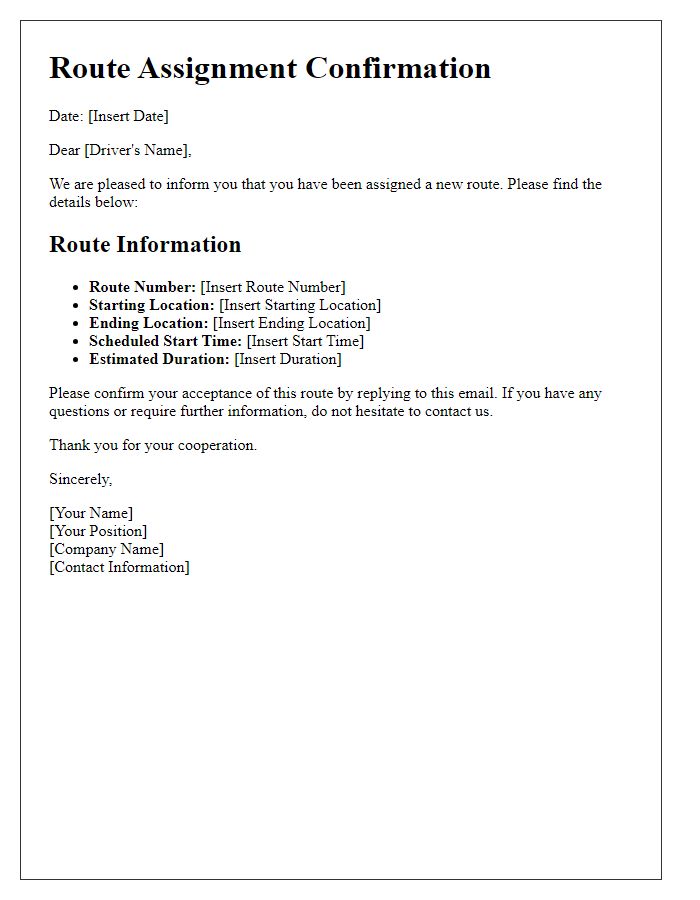 Letter template of driver route assignment confirmation