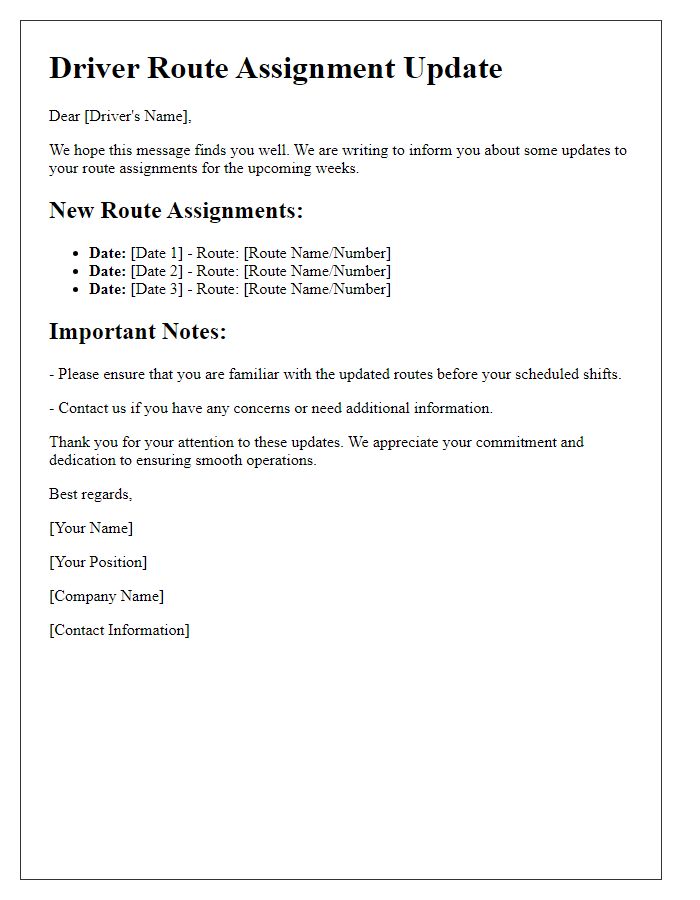 Letter template of driver route assignment updates