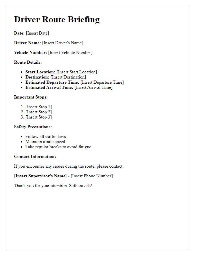 Letter template of driver route briefing