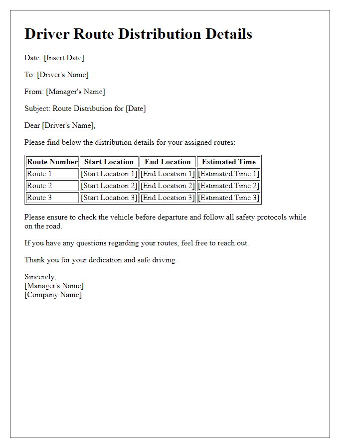 Letter template of driver route distribution details