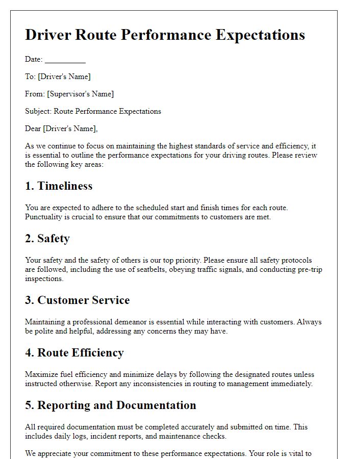 Letter template of driver route performance expectations