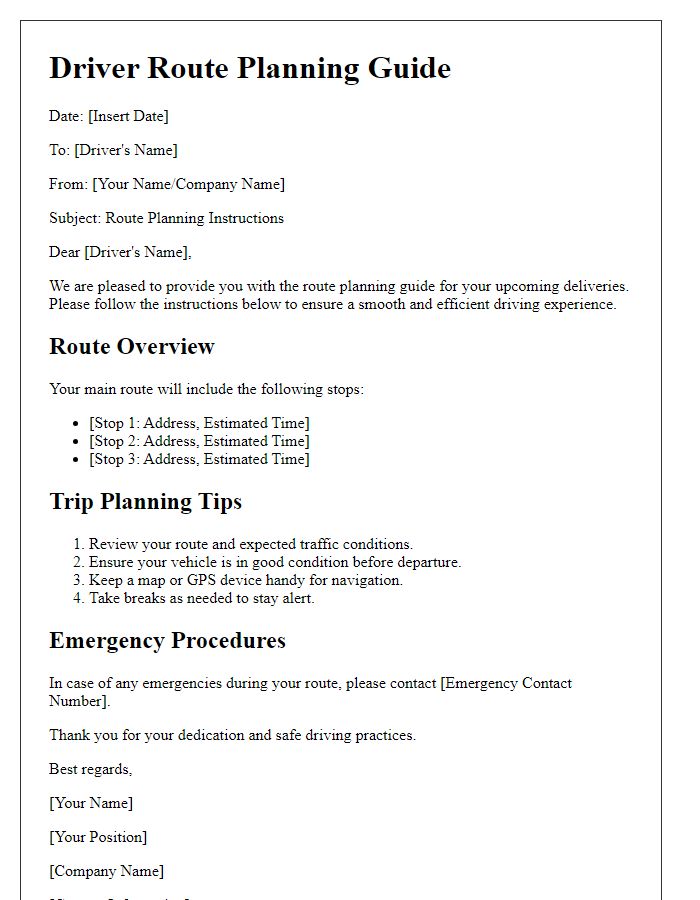 Letter template of driver route planning guide