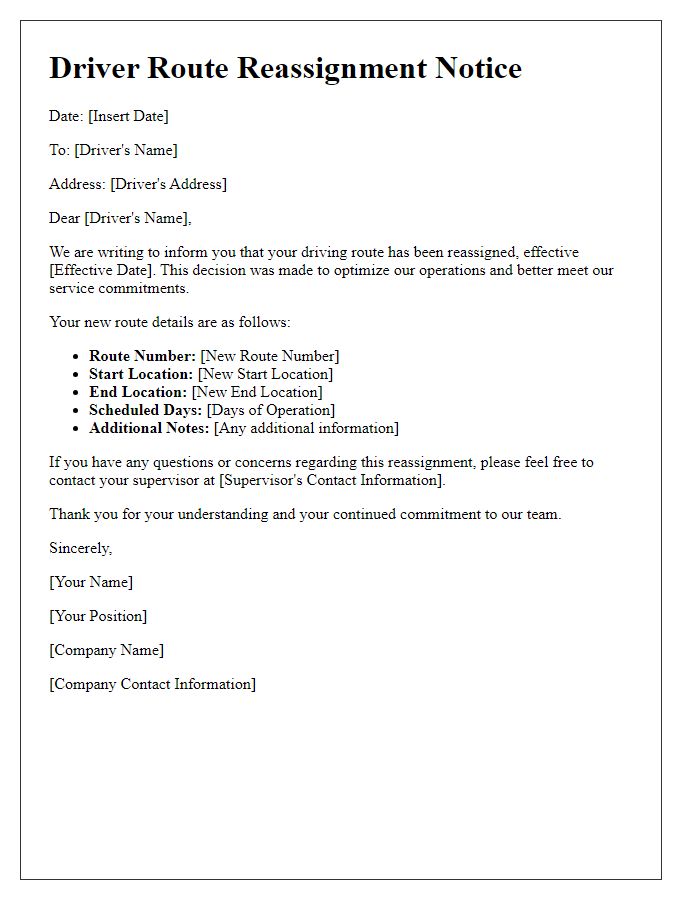 Letter template of driver route reassignment notice