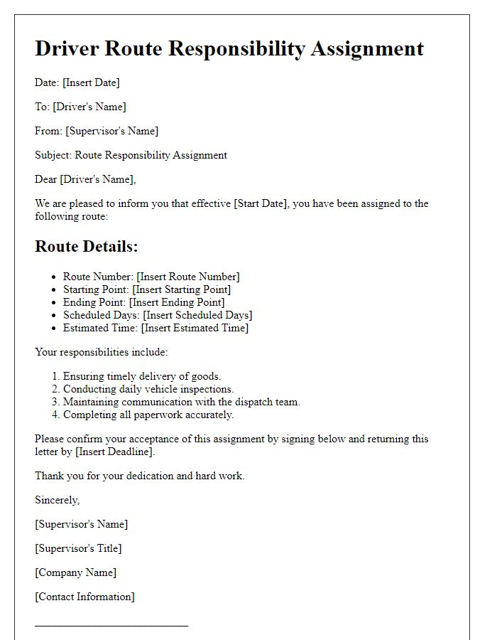 Letter template of driver route responsibility assignment