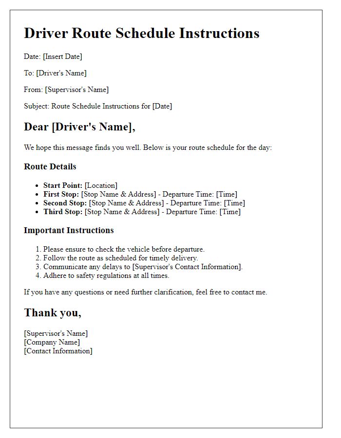 Letter template of driver route schedule instructions