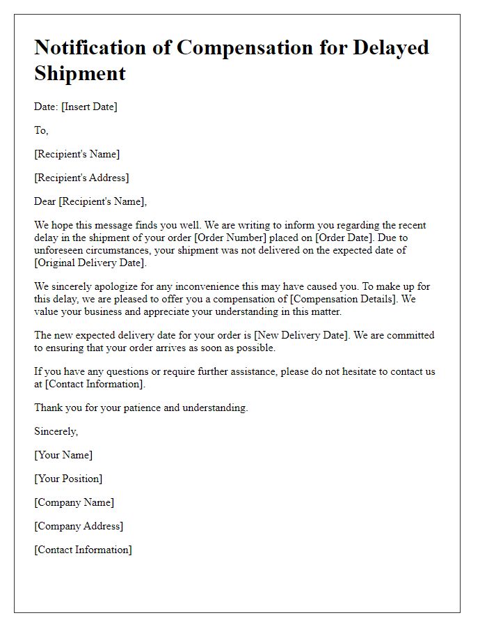 Letter template of notification for compensation for delays in shipment