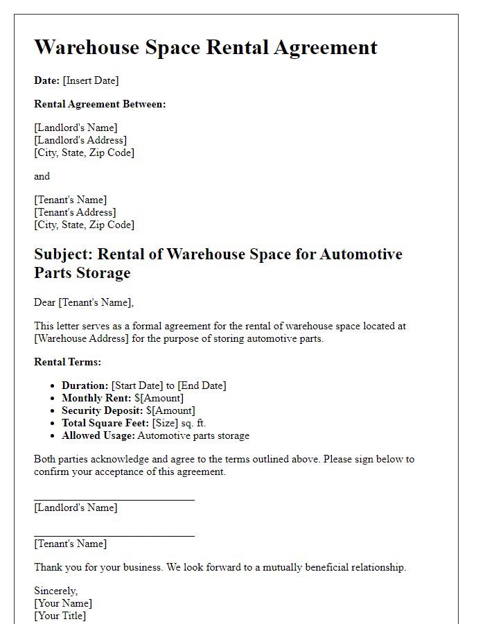 Letter template of warehouse space rental for automotive parts storage