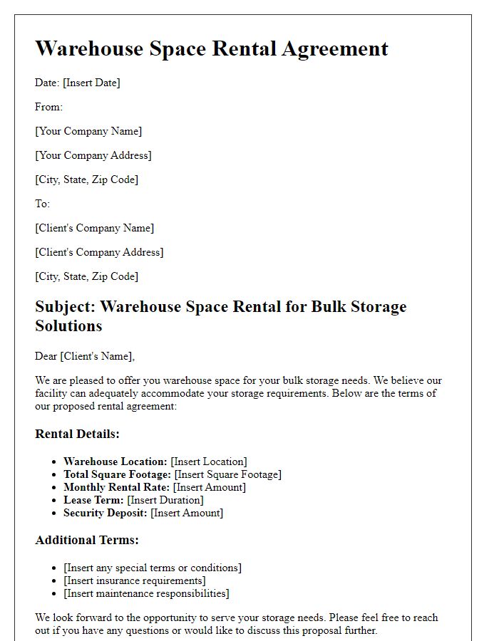 Letter template of warehouse space rental for bulk storage solutions