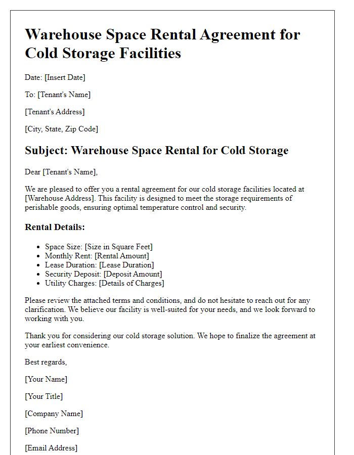 Letter template of warehouse space rental for cold storage facilities