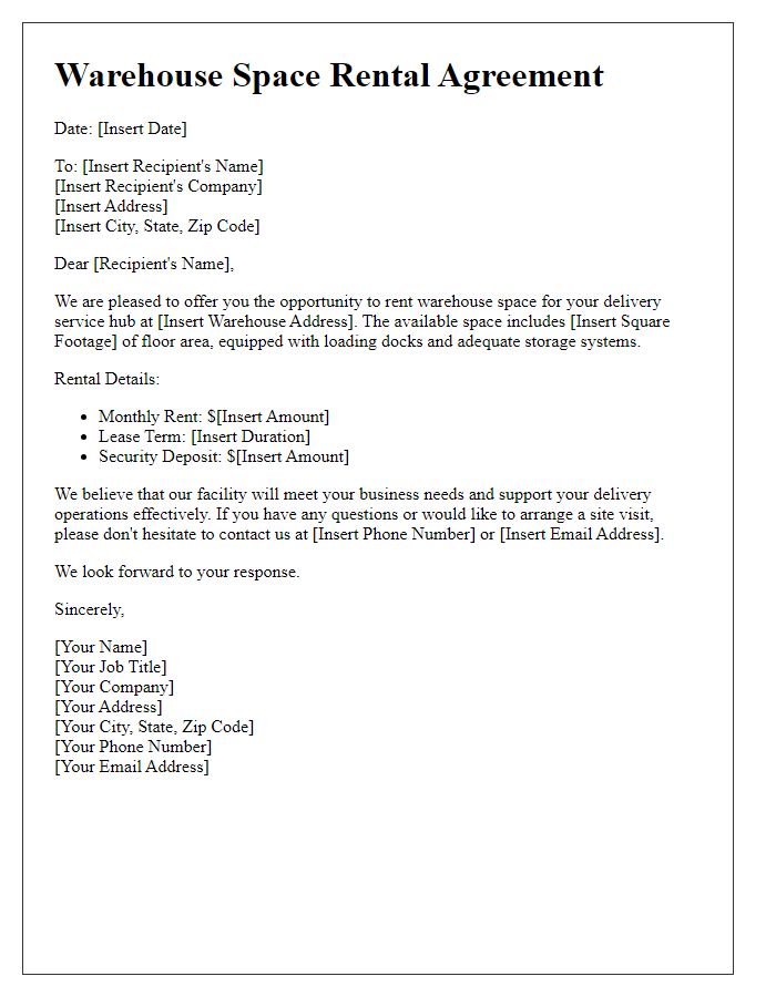 Letter template of warehouse space rental for delivery service hubs