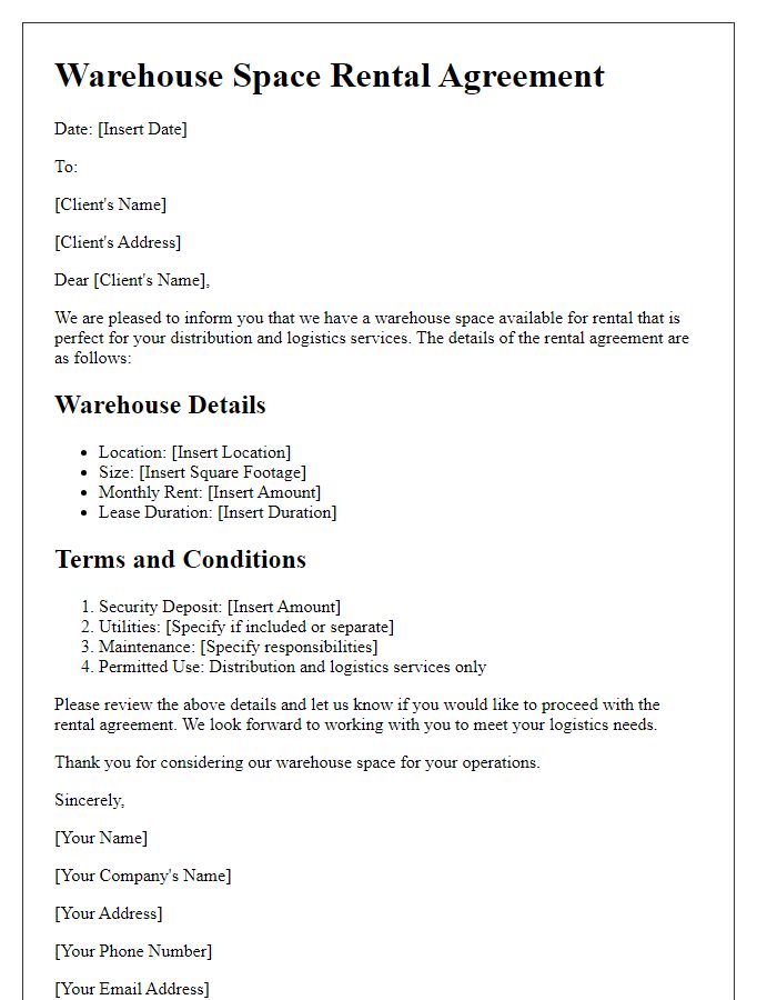 Letter template of warehouse space rental for distribution and logistics services