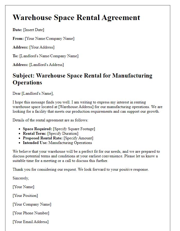 Letter template of warehouse space rental for manufacturing operations