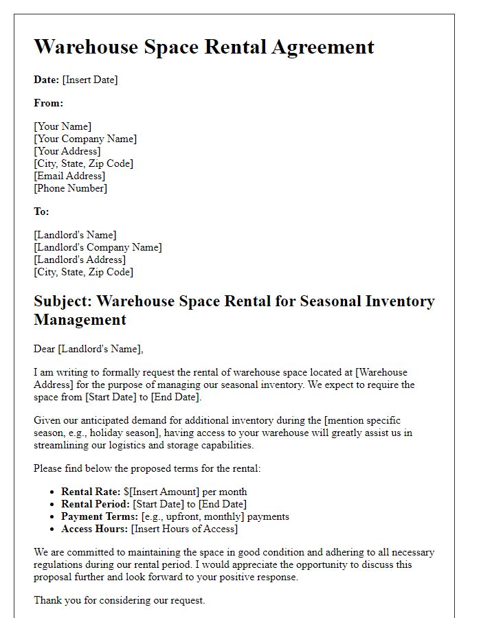 Letter template of warehouse space rental for seasonal inventory management