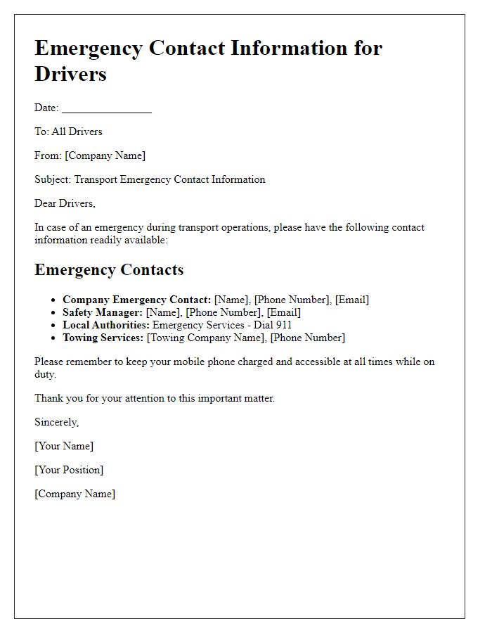 Letter template of transport emergency contact information for drivers.