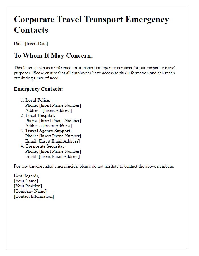 Letter template of transport emergency contacts for corporate travel.