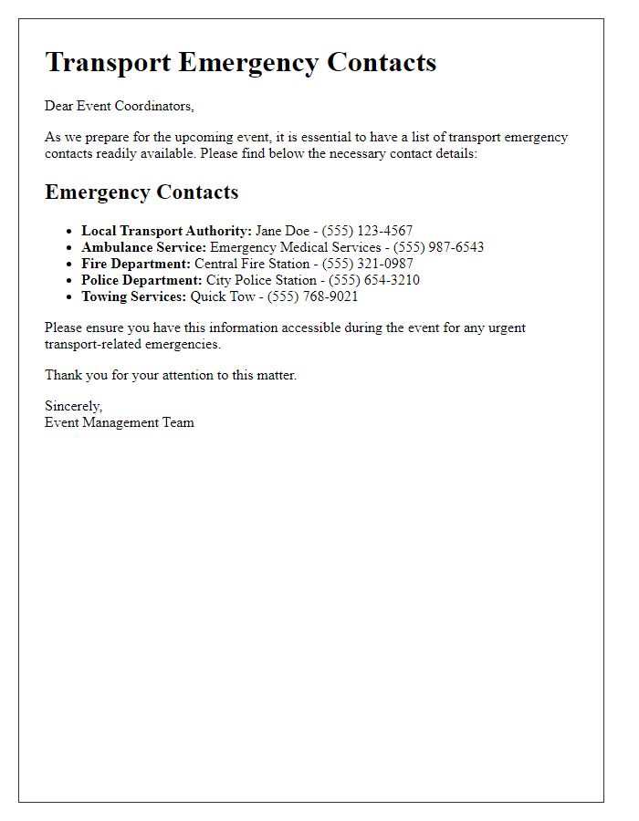 Letter template of transport emergency contacts for event coordinators.