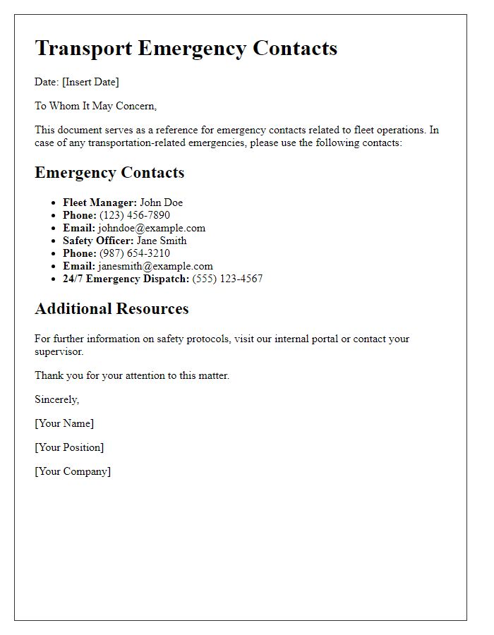 Letter template of transport emergency contacts for fleet operations.