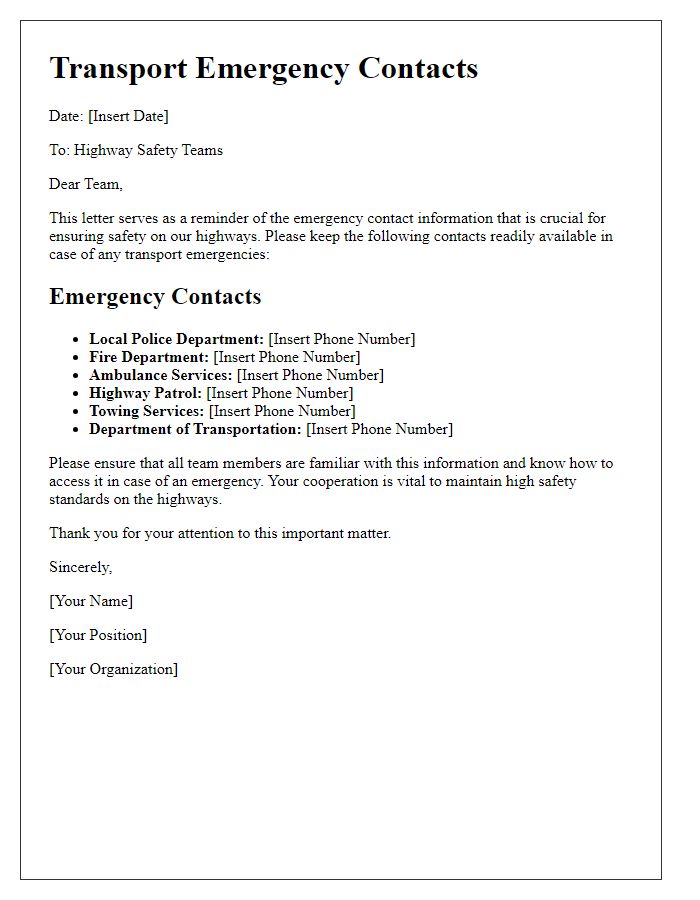 Letter template of transport emergency contacts for highway safety teams.