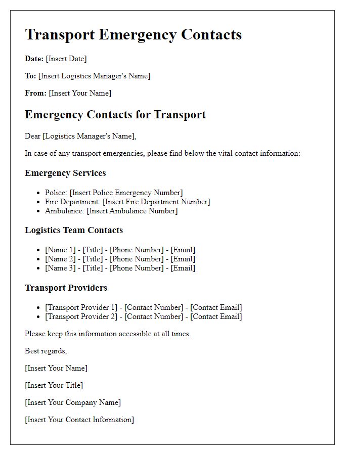 Letter template of transport emergency contacts for logistics managers.