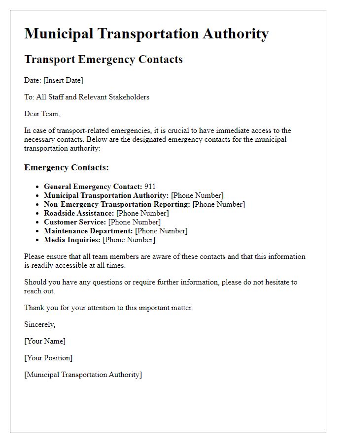 Letter template of transport emergency contacts for municipal transportation authorities.