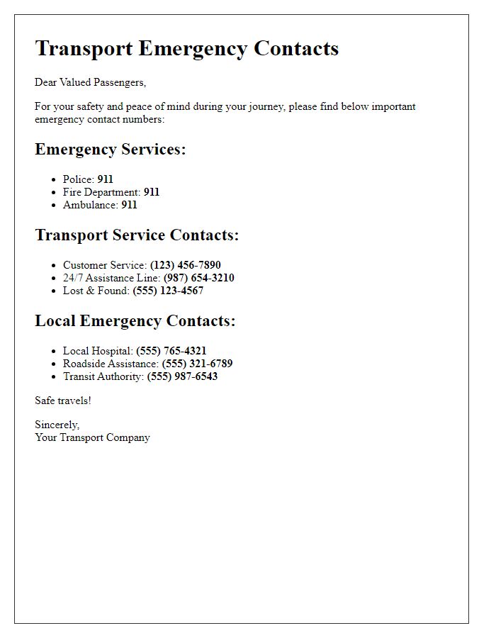 Letter template of transport emergency contacts for passengers.