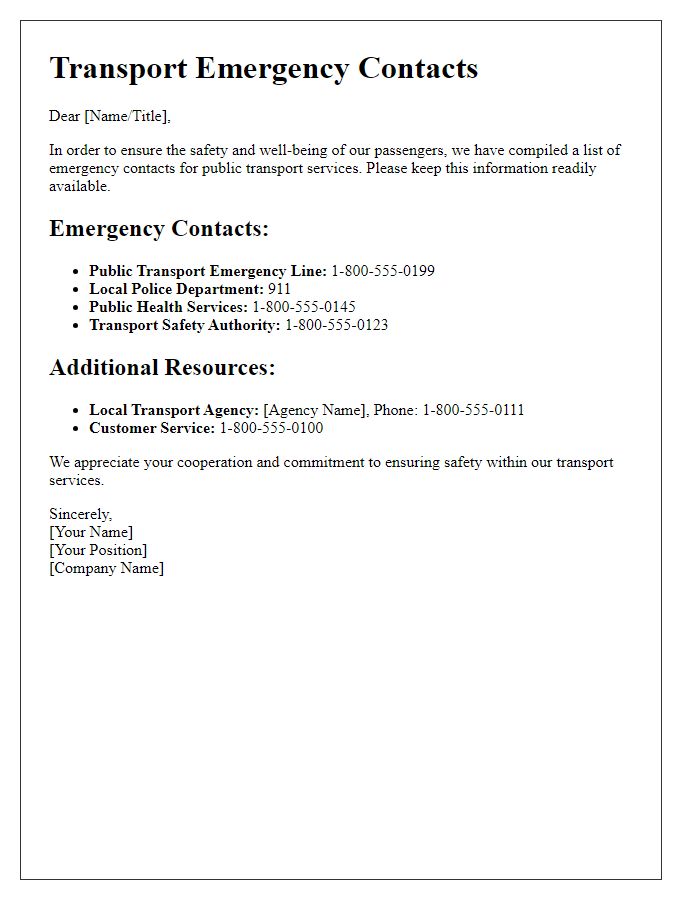 Letter template of transport emergency contacts for public transport services.