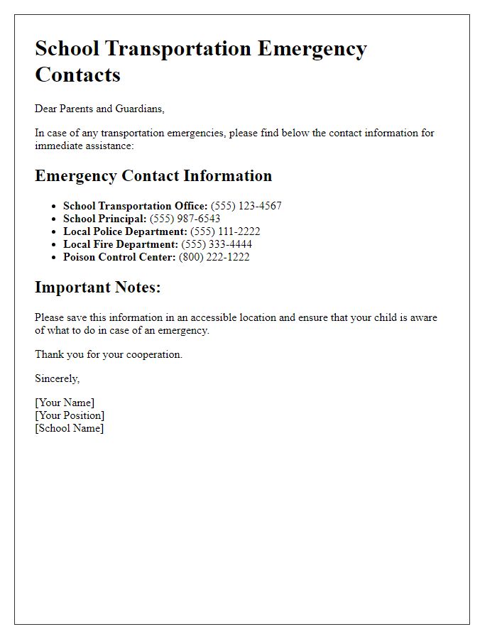 Letter template of transport emergency contacts for school transportation.