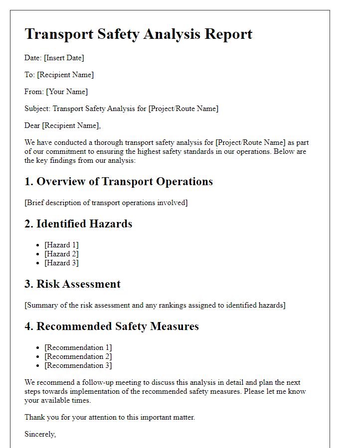 Letter template of transport safety analysis