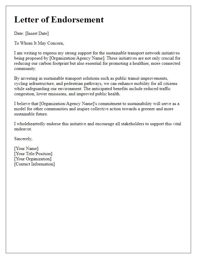 Letter template of endorsement for sustainable transport network initiatives