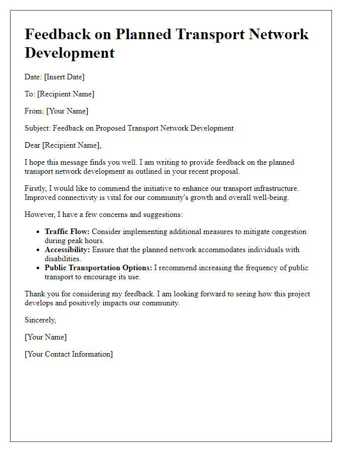 Letter template of feedback on planned transport network development