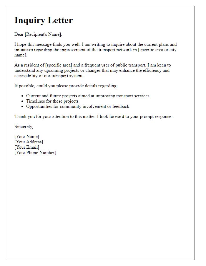 Letter template of inquiry regarding transport network improvement plans