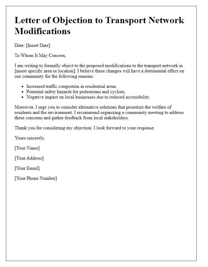 Letter template of objection to transport network modifications