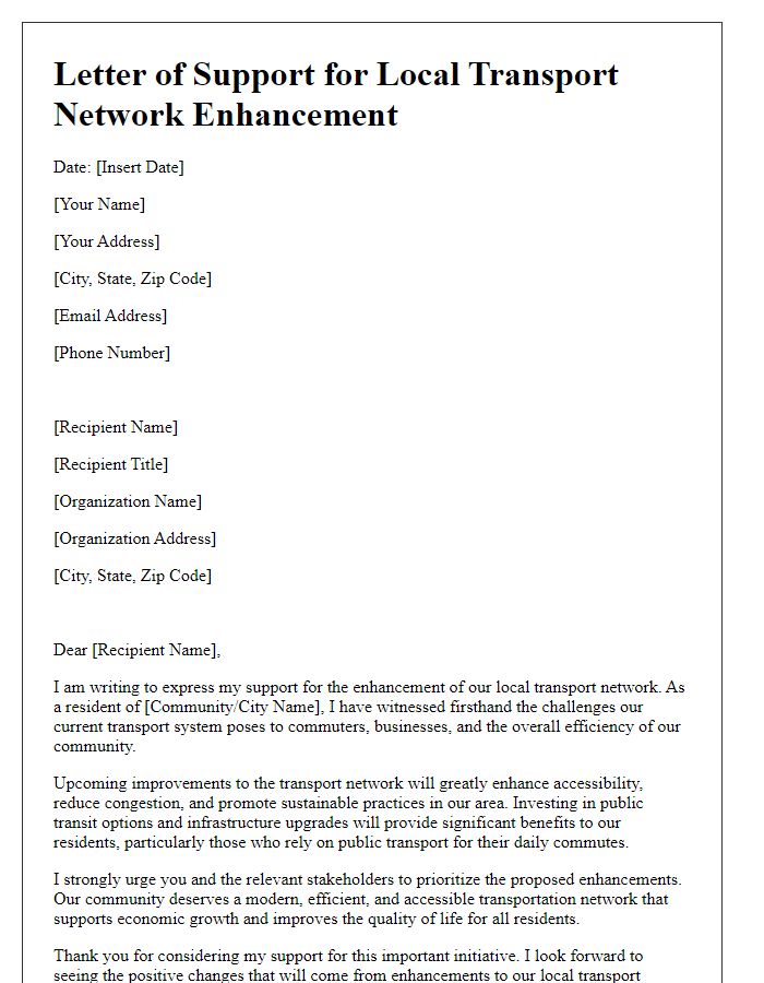 Letter template of support for local transport network enhancement