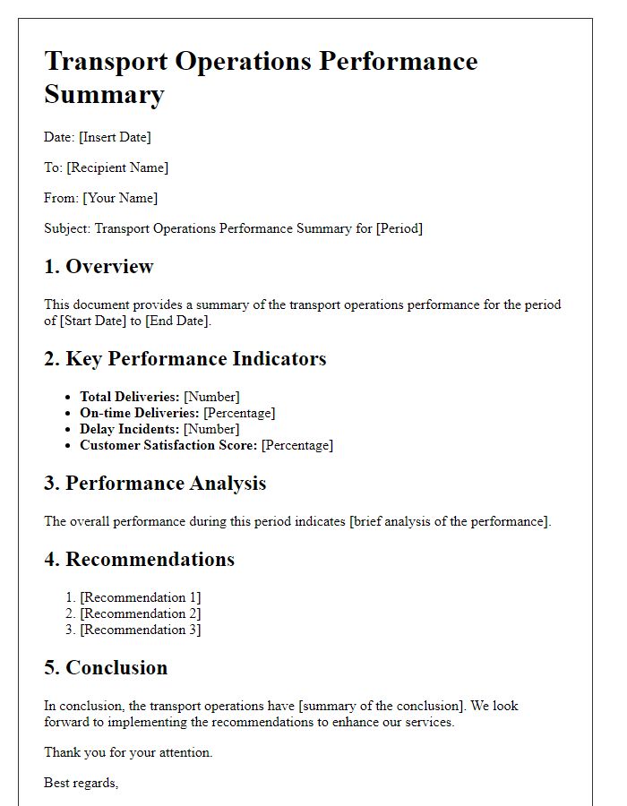 Letter template of transport operations performance summary.